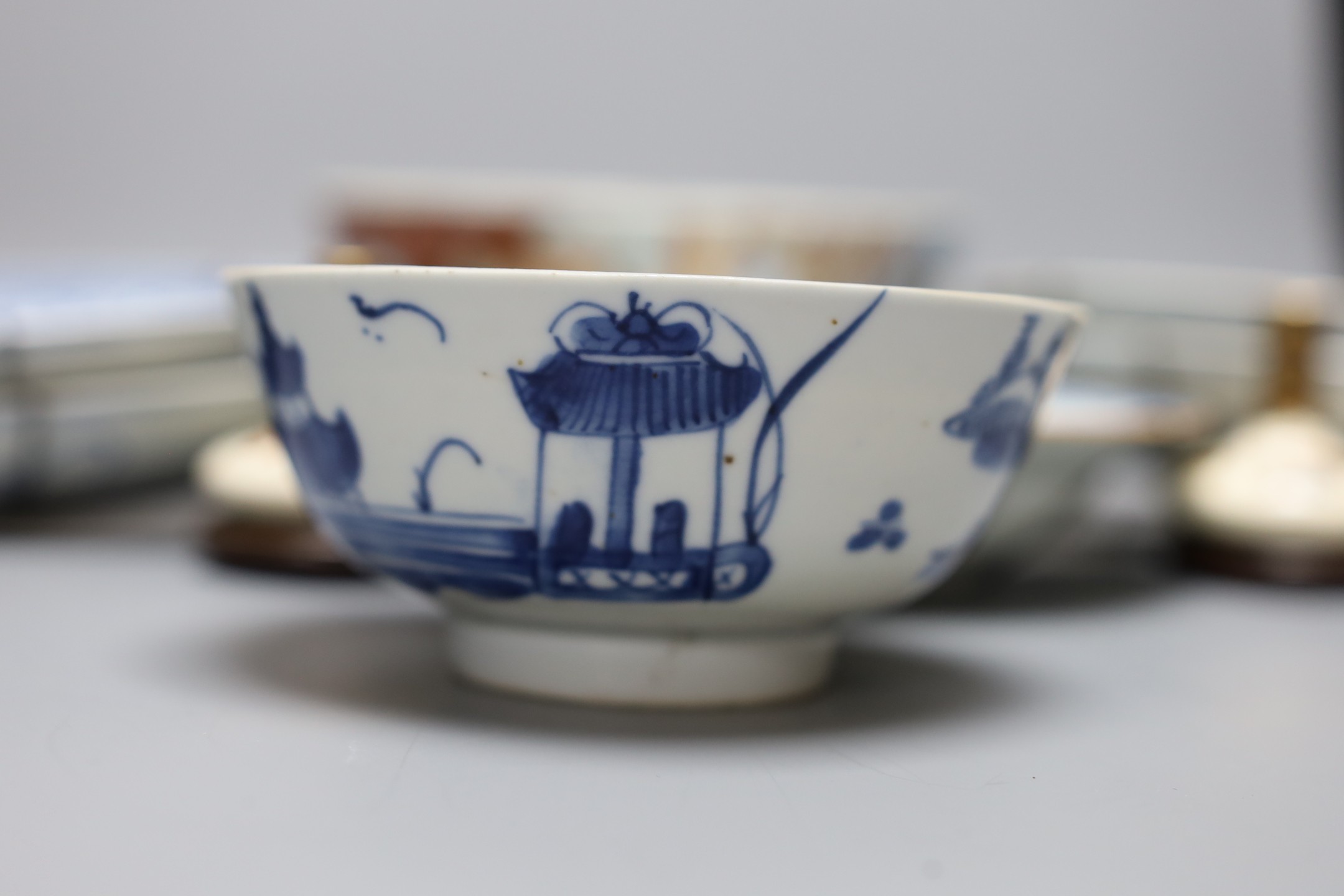 A selection of various Oriental ceramics, to include an 18th century Chinese export bowl with a similar 19th century dish, and other Chinese blue and white china